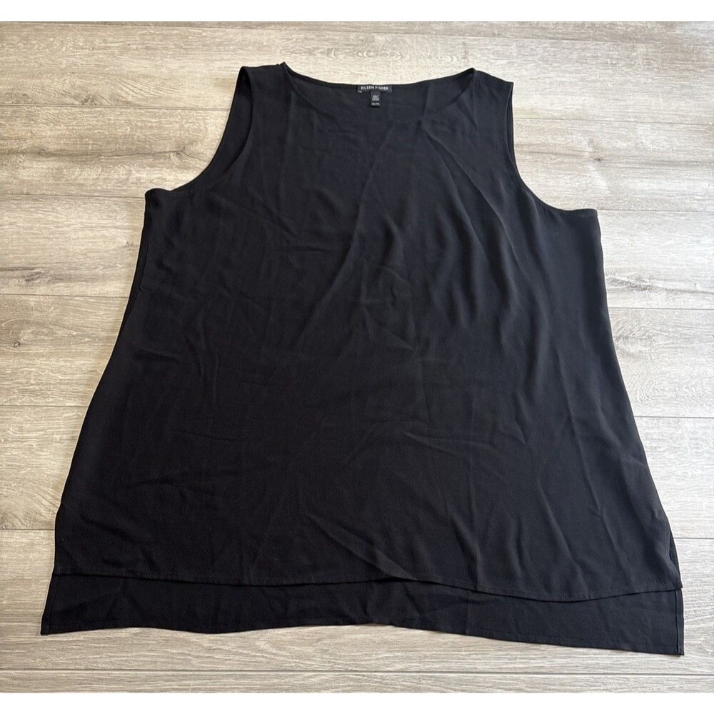 Eileen Fisher Silk Georgette Crepe Ballet Neck Long Side Slit Tank Black XL